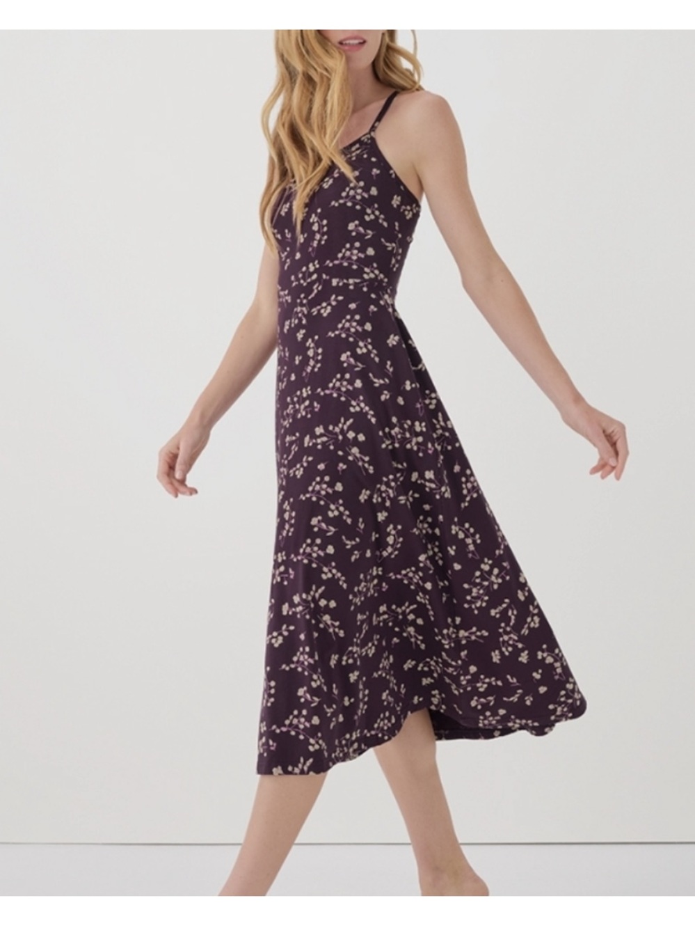 NWOT Pact Women's Fit & Flare Midi Dress Whimsy Floral Plum -Size XS